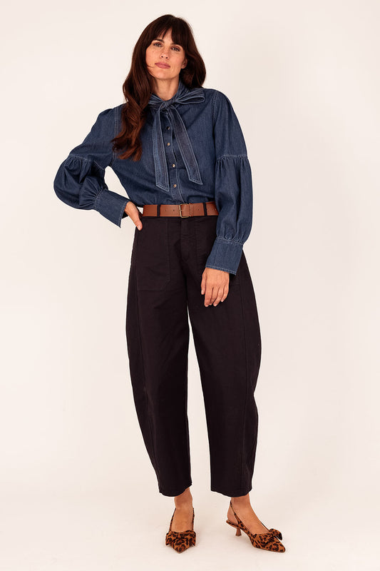 Jeans blouse strik donkerblauw