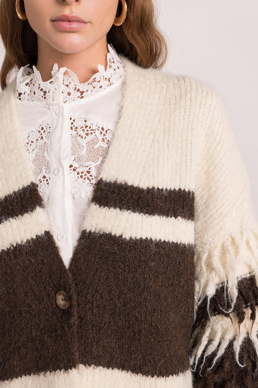 Vest gestreept franjes ecru/bruin