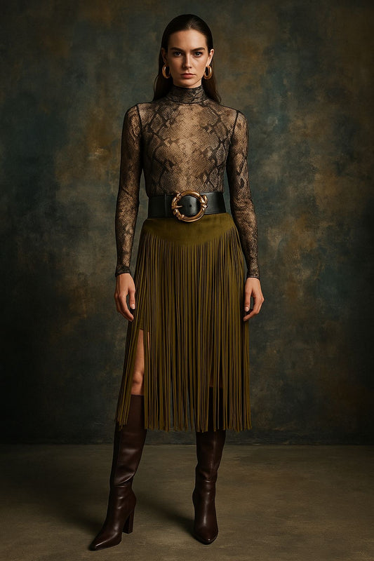 Garçonne suedine lange franje rok bruin