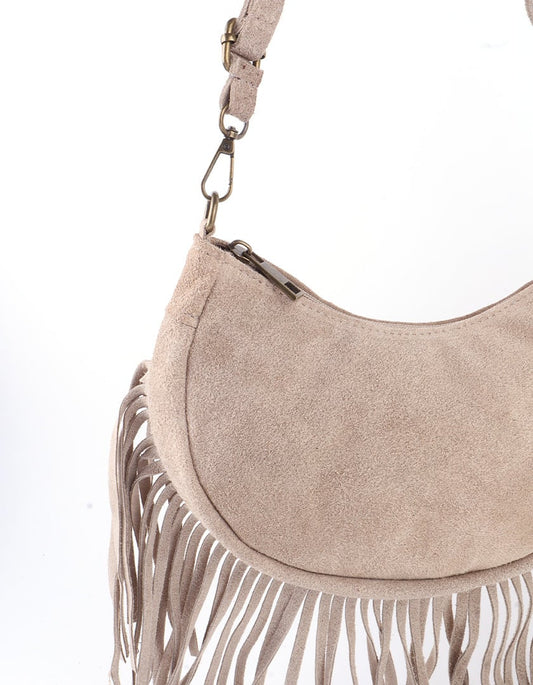 Giuliano lederen schoudertas suède franjes - Beige