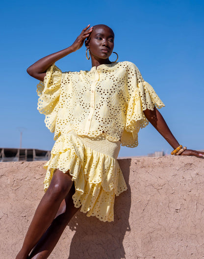 Bianca broderie top Elina geel