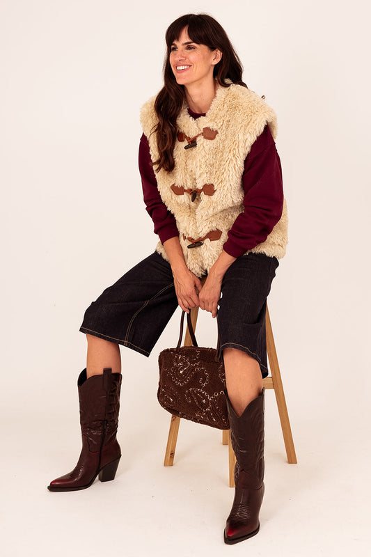Fluffy fake fur gilet beige