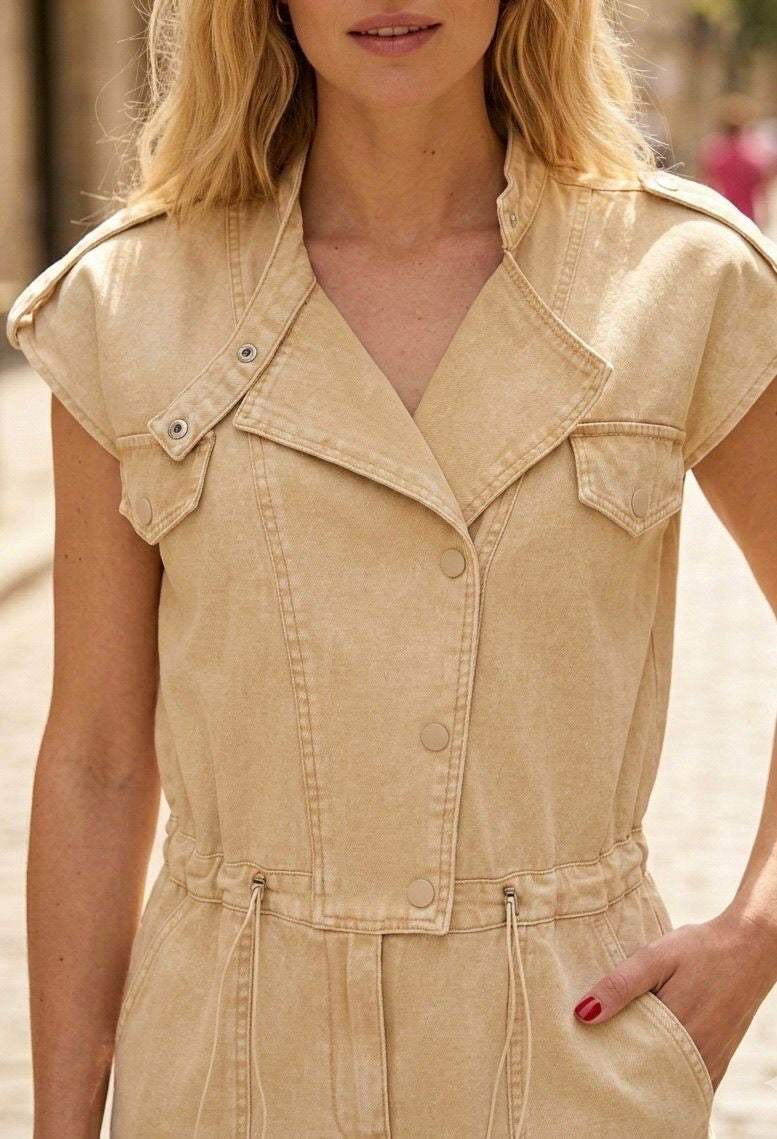 Mouwloze denim playsuit beige