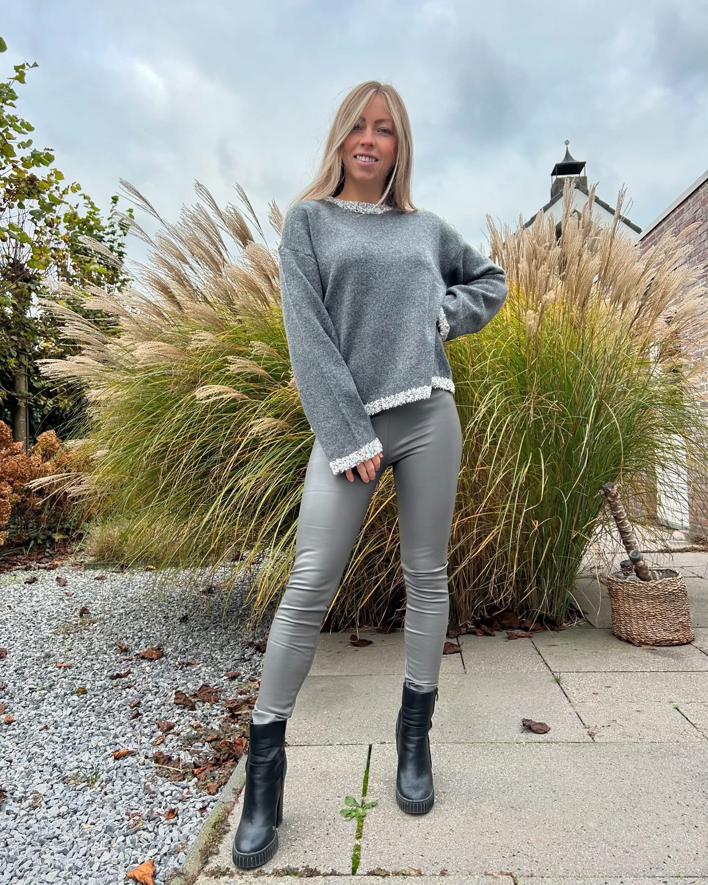 Trui met contrasterende boorden - Grijs