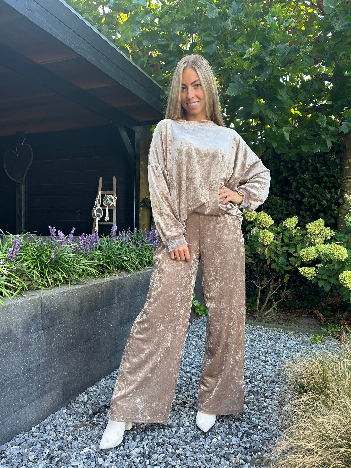 Garçonne velours wide-leg pantalon licht camel