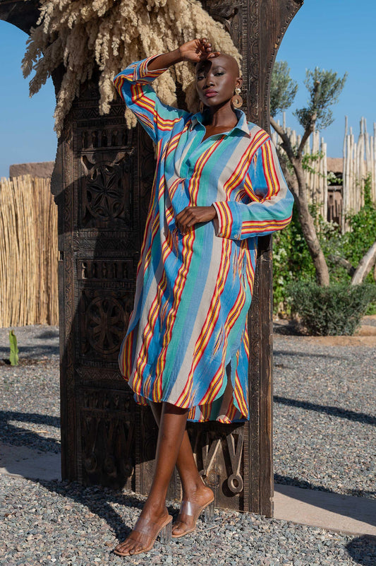 Gold & Silver Nalia Ikat streep tuniek jurk blauw