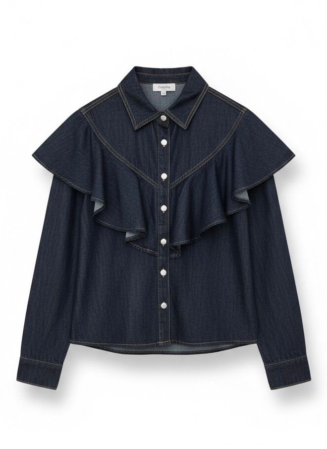 Denim blouse volant lichtblauw