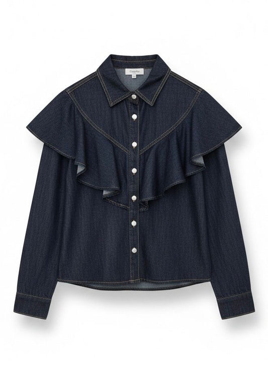 Denim blouse volant donkerblauw