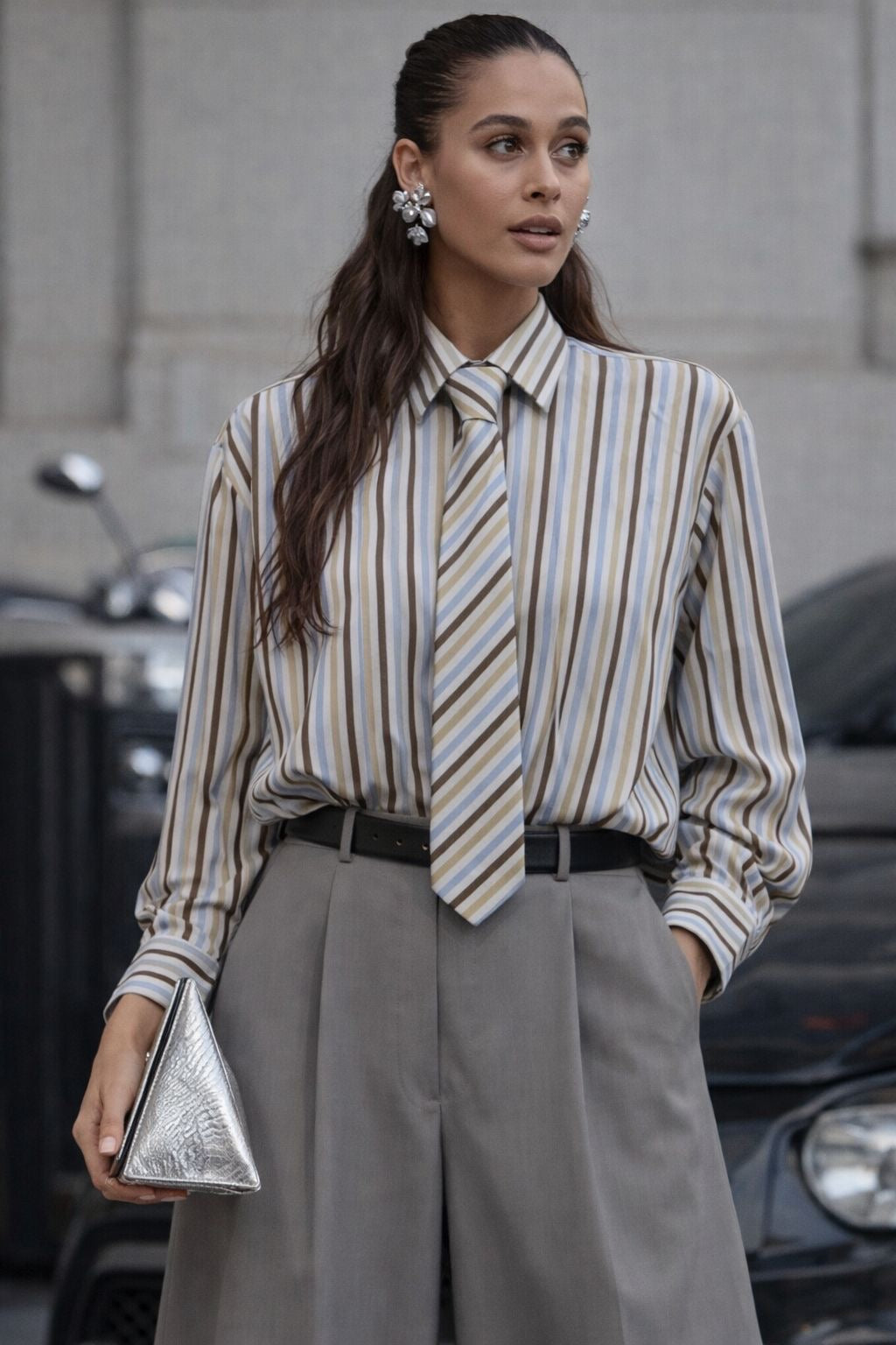 Garçonne gestreepte blouse stropdas wit