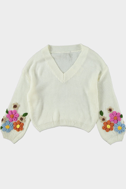 Gebreide trui met bloemen borduursel - wit