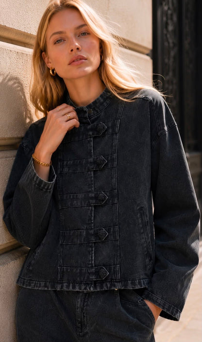 Denim officiersstijl jasje zwart