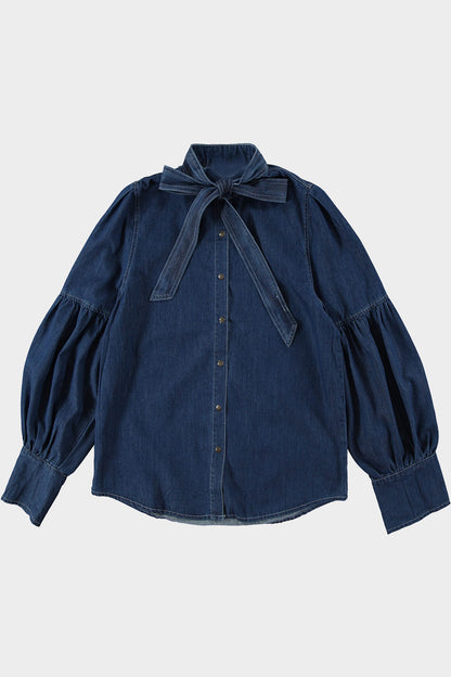 Jeans blouse strik donkerblauw