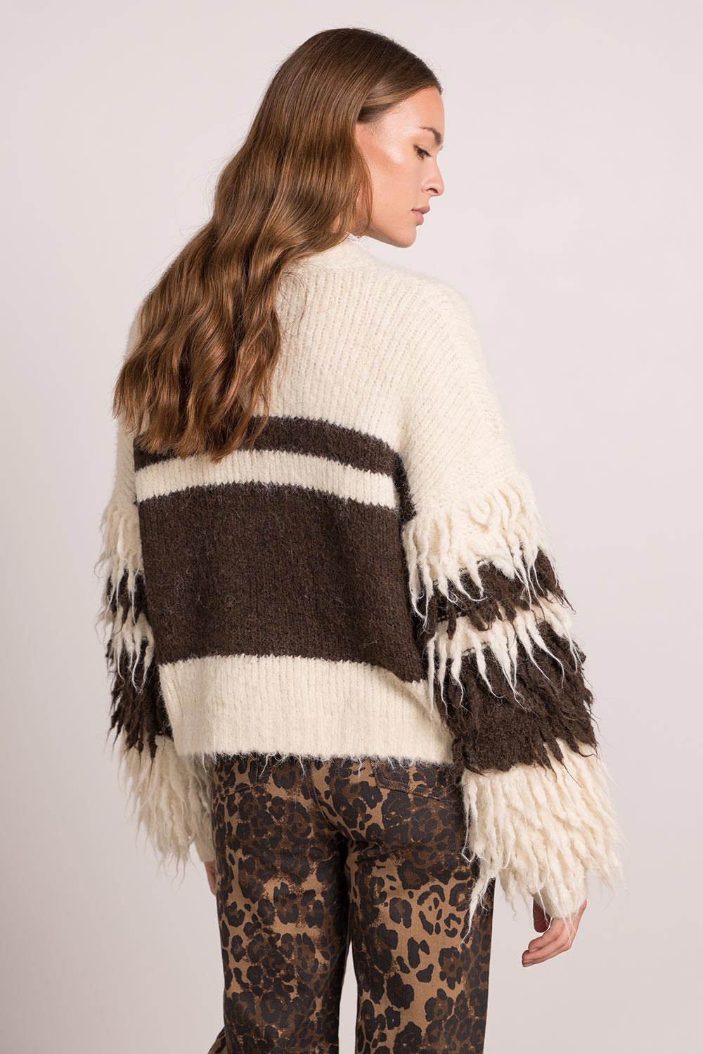 Vest gestreept franjes ecru/bruin