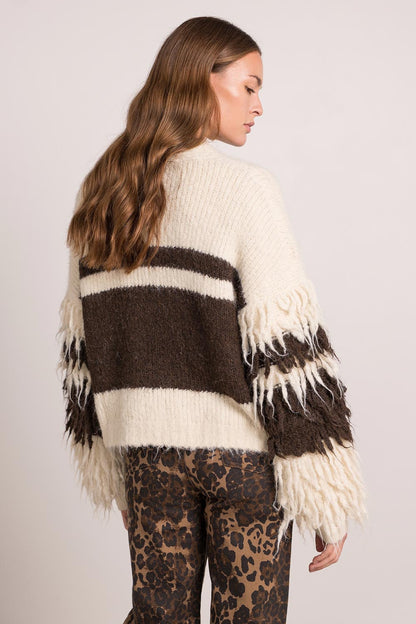 Vest gestreept franjes ecru/bruin